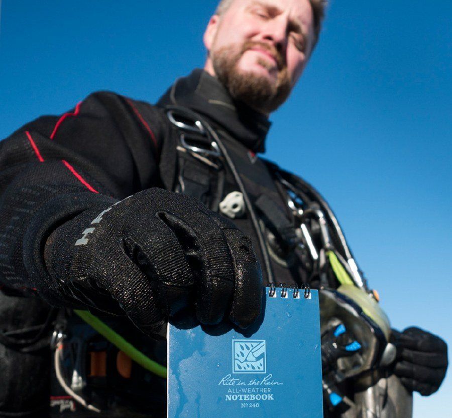 Sam holding out a wet top spiral all weather notebook while looking at the camera. 