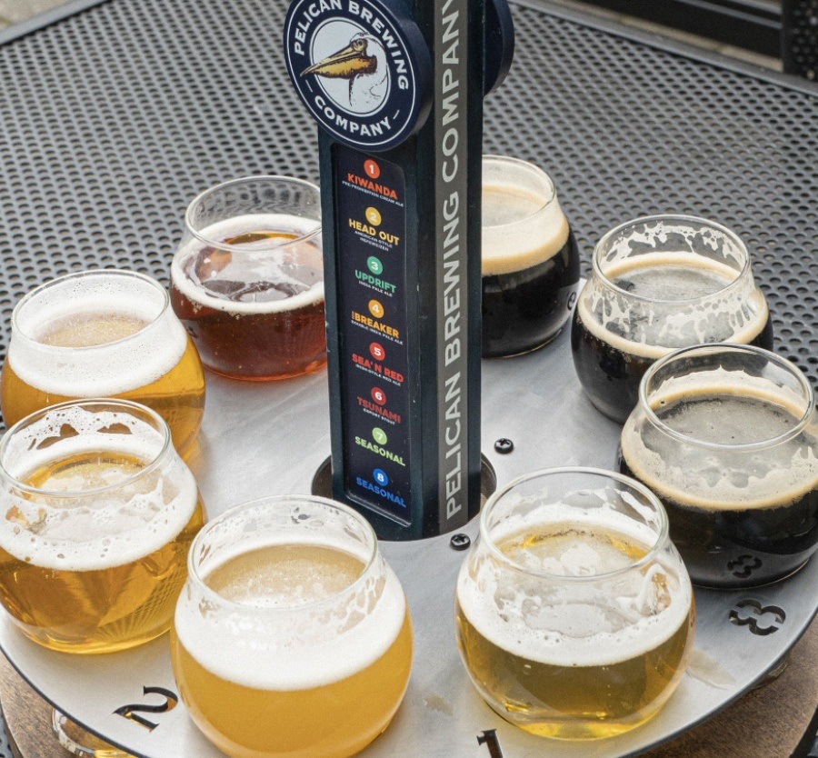 Flight of Pelican Brewing beer.