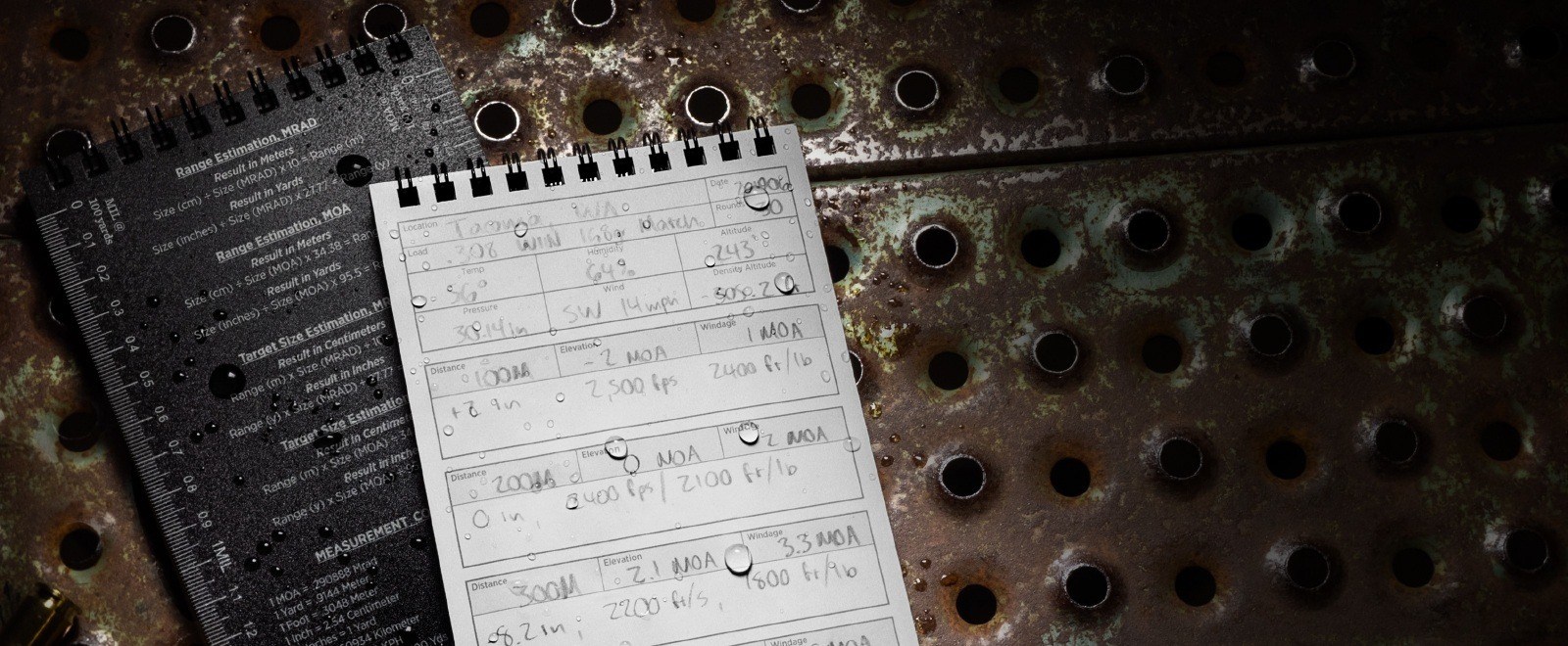 Open notebook with water drops on DOPE form.