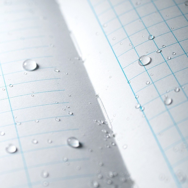 Close up of sewn-in pages covered with water drops.