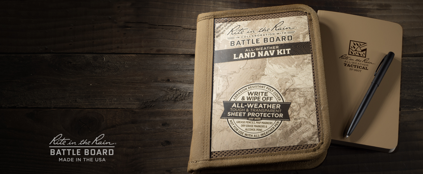 Battle Board All Weather LAND NAV KIT, tactical field book, and weatherproof pen.