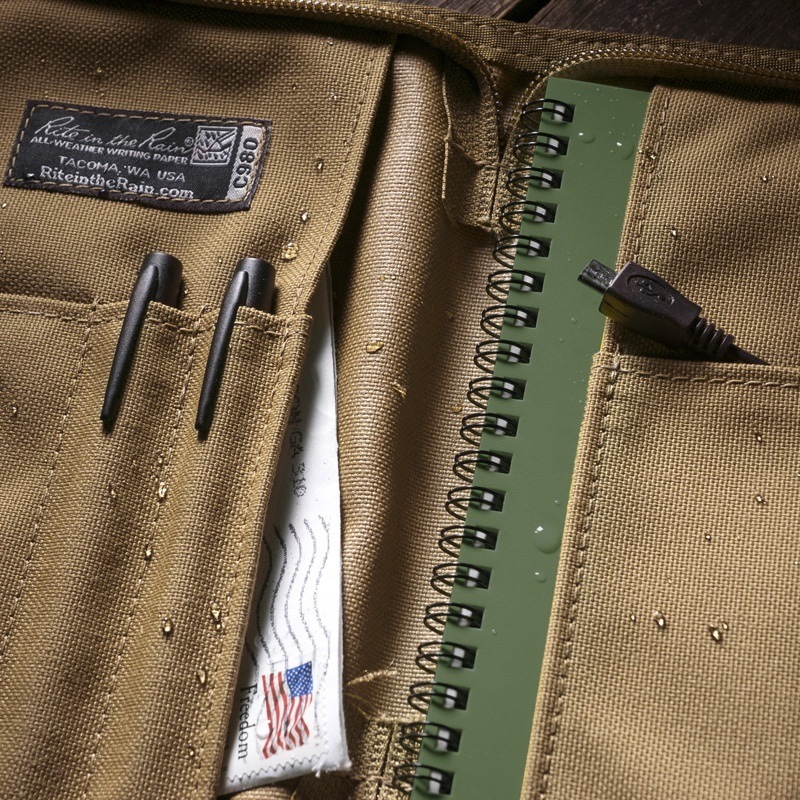 notebook cover filed with writing gear.